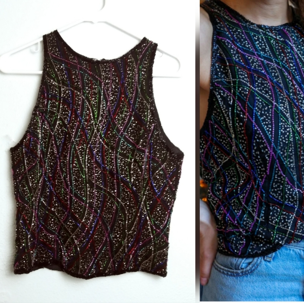 Lauren Kazar Paris-NY Size M Vintage Top Sleeveless Seed Beaded Glass